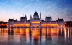 Hungary Budapest, Parliament building at night, Danube river reflection lights wallpaper thumb