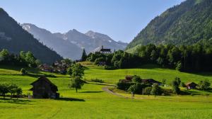 Switzerland, mountains, Alps, valley, grass, road, house, trees wallpaper thumb