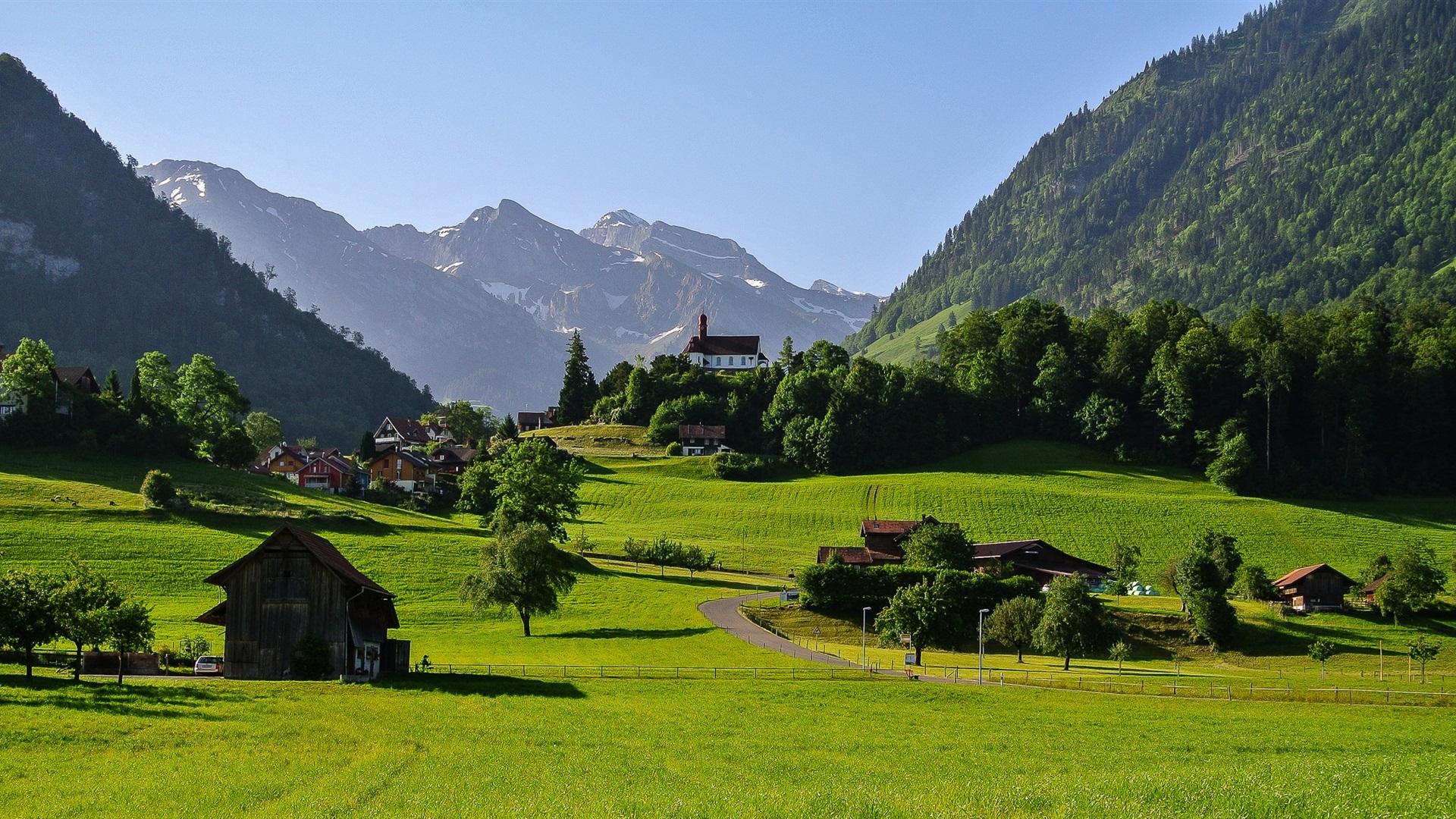 Switzerland, mountains, Alps, valley, grass, road, house, trees