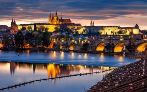 Prague, Czech Republic, city at evening, bridge, river Vltava wallpaper thumb