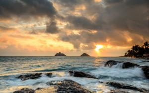 Hawaii, ocean, rocks, sunrise, waves wallpaper thumb