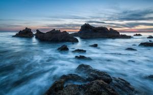 USA, California, ocean, beach, stones, sunset, blue wallpaper thumb