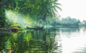 Landscape, Nature, Lake, Sun Rays, Boat, Trees, Palm Trees, Mist, Green, Tropical, Water wallpaper thumb