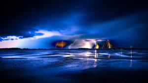 Blue night, lightning, sea wallpaper thumb