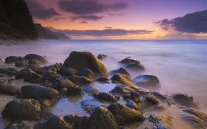 Rocks on the beach at sunset, Hawaii, USA wallpaper thumb