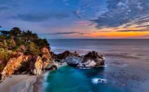 California, Julia Pfeiffer Burns State Park, rocks, coast, trees, sunset wallpaper thumb