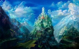 Castle, Fantasy, Mountains, Cliffs, Buildings, Colorful wallpaper thumb