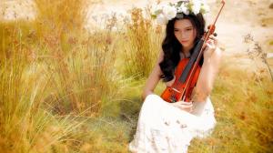 Asian girl, violin, music, summer, grass, white rose flowers wallpaper thumb