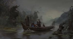 river, boat, people, fantasy art wallpaper thumb