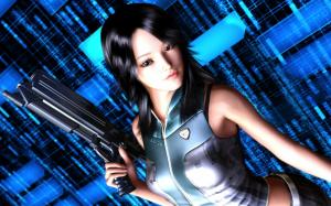 3D asian girl, black hair, hold a gun wallpaper thumb