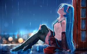 Hatsune Miku, sadness anime girl in rain wallpaper thumb