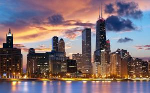 USA, Illinois, Chicago, city, buildings, lights, dusk wallpaper thumb