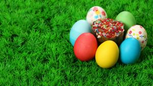 Colorful Eggs and Sprinkled Cupcake in Grass HD wallpaper thumb