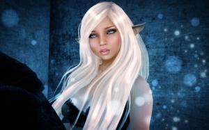 Rendering fantasy girl, elf ears, white hair, face, eyes, freckles wallpaper thumb