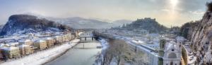 Hazy morning, snowstorm, river, Salzburg, Austria wallpaper thumb