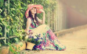 Asian girl, hat, beautiful dress, street, summer wallpaper thumb
