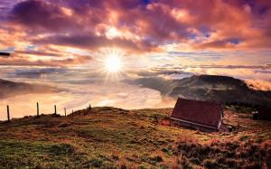 Switzerland, mountains, house, clouds, sunrise wallpaper thumb