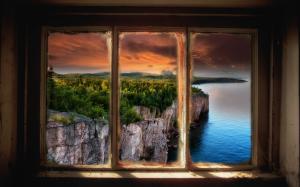 Landscape, Nature, Window, Lake, Sunset, Cliff, Clouds, Forest, Colorful wallpaper thumb