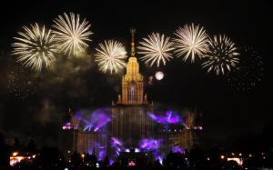 Fireworks Building Night Lomonosov University Moscow Russia HD wallpaper thumb
