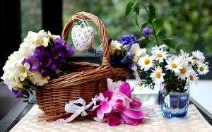 Basket, colorful flowers, freesia, hyacinths, chamomile, cyclamen wallpaper thumb