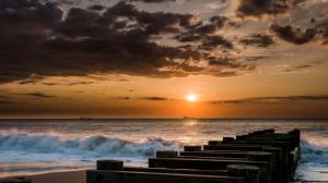 Wood Beach Ocean Sunlight Sunset Clouds HD wallpaper thumb