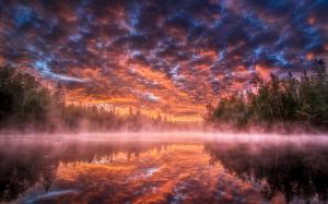 Lake Reflection Landscape Trees Fog Mist Clouds Sunset HD wallpaper thumb