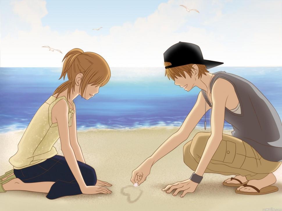 Boy, girl, beach, sand, love, pictures, heart wallpaper l photo