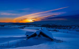 Winter, snow, mountains, morning, blue, sunrise, house wallpaper thumb