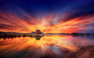 Sunset Blue Landscapes Trees Lakes Rivers Widescreen wallpaper thumb