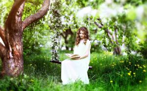 Grass, tree, spring, white dress girl read book wallpaper thumb