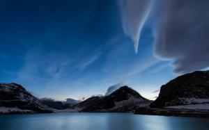 Spain, Asturias, bay, mountains, snow, dusk, blue, sky wallpaper thumb