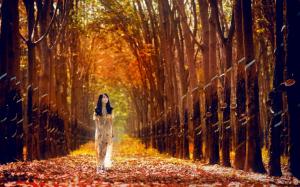 Woman walking through the forest wallpaper thumb