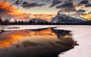 Winter, snow, sunset, mountain, lake, reflection, trees wallpaper thumb
