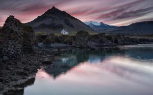 Iceland, village, house, mountain, lake, evening, sunset wallpaper thumb