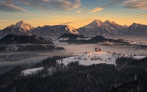 Landscape, Sunrise, Village, Mountain, Forest, Mist, Winter, Snowy Peak, Slovenia wallpaper thumb