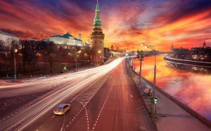 Moscow, Kremlin, river, lights, road, sunset, red sky wallpaper thumb