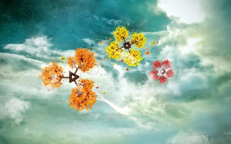 Flower Snowflake Shapes Floating In Mid Air wallpaper,flight HD wallpaper,flower HD wallpaper,branch HD wallpaper,clouds HD wallpaper,colorful HD wallpaper,2880x1800 wallpaper