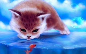 Cat staring at a fish trapped in ice wallpaper thumb