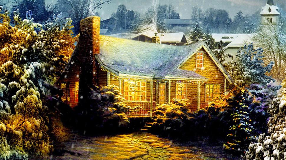 Christmas Cottage wallpaper,landscape HD wallpaper,lights HD wallpaper,trees HD wallpaper,house HD wallpaper,snow HD wallpaper,3d & abstract HD wallpaper,1920x1080 wallpaper