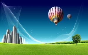 Hot air balloon over the city prairie wallpaper thumb