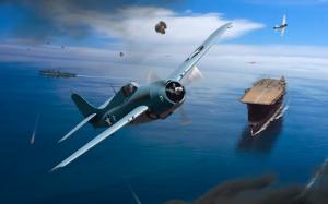 World War II, art drawing, fighter, aircraft carrier, sea, sky wallpaper thumb