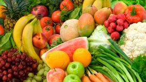 Fruits and vegetables, orange, apple, banana, tomato, melon, grapes wallpaper thumb