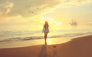 Girl at sunset beach, sea, cat, sailboat wallpaper thumb
