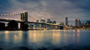 Brooklyn Bridge Bridge New York Lights Buildings River Skyscrapers HD wallpaper thumb
