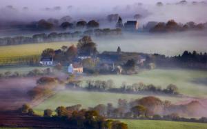 England, morning, houses, fields, trees, fog wallpaper thumb