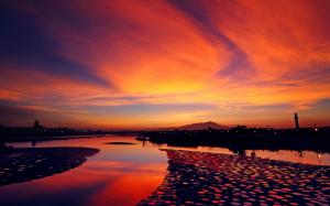 Town sunset, river, orange sky wallpaper thumb