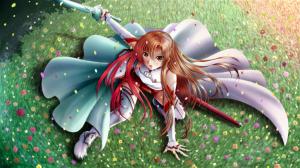 Anime girl sword dance, garden grass wallpaper thumb