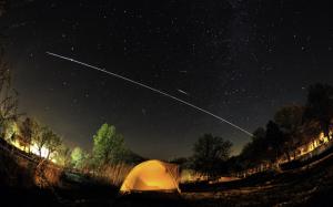 Stars Timelapse Tent Night Asteroid Trees HD wallpaper thumb