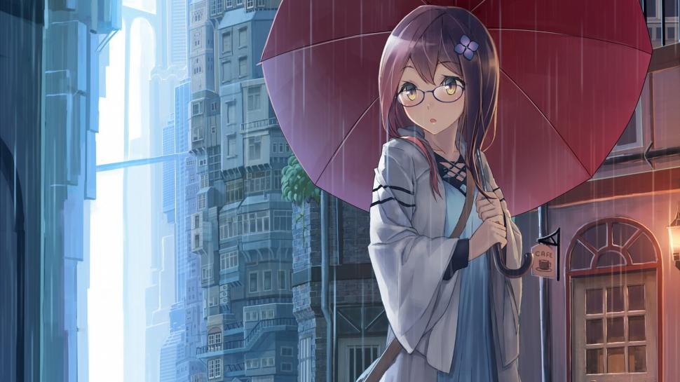 Anime Girls, Glasses, Meganekko, Umbrella, Rain wallpaper,anime girls HD wallpaper,glasses HD wallpaper,meganekko HD wallpaper,umbrella HD wallpaper,rain HD wallpaper,1920x1080 wallpaper
