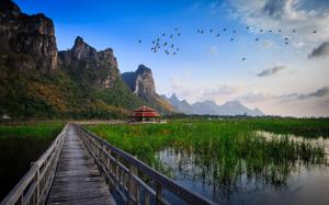 Thailand national park, wooden bridge, lake, grass, hut, mountains, birds wallpaper thumb